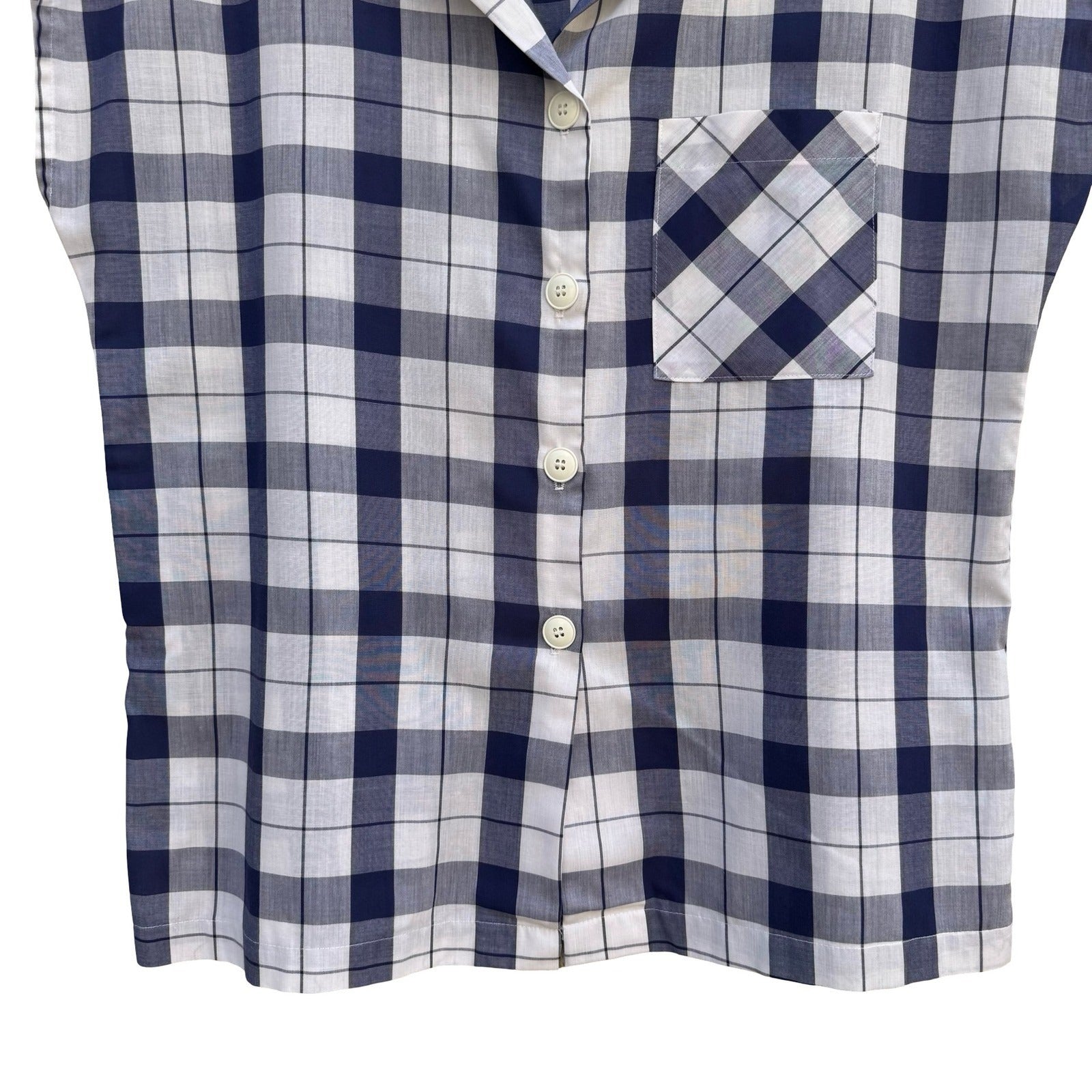 Sears The Fashion Place Vintage Navy Blue White Plaid Button Up Top Size 16 USA