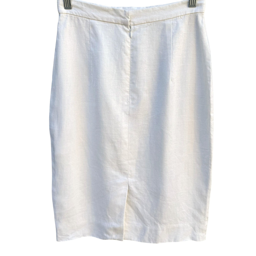 Scaasi Vintage 80s Womens White Linen Pencil Skirt Size 4 Back Slit Full Lining