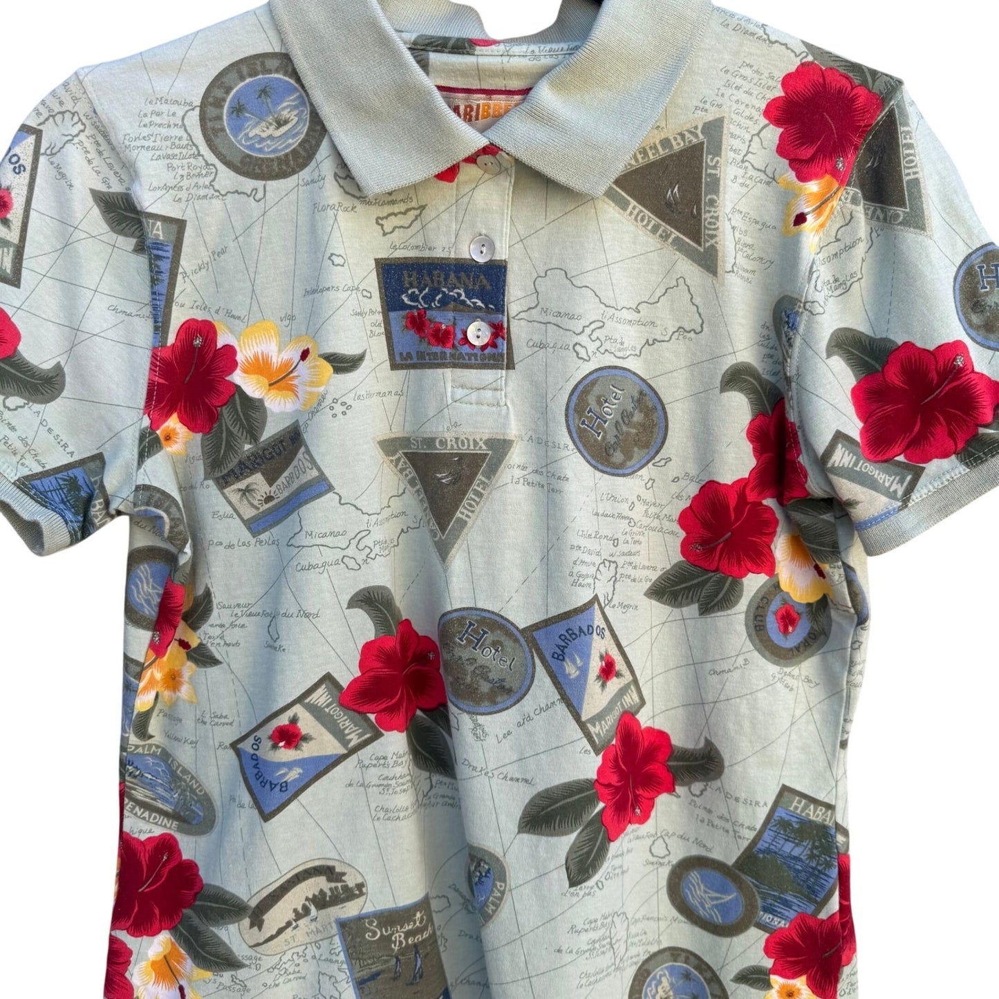 Caribbean Joe Womens Tropical Map Floral Polo Shirt Sage Green Short Sleeve M