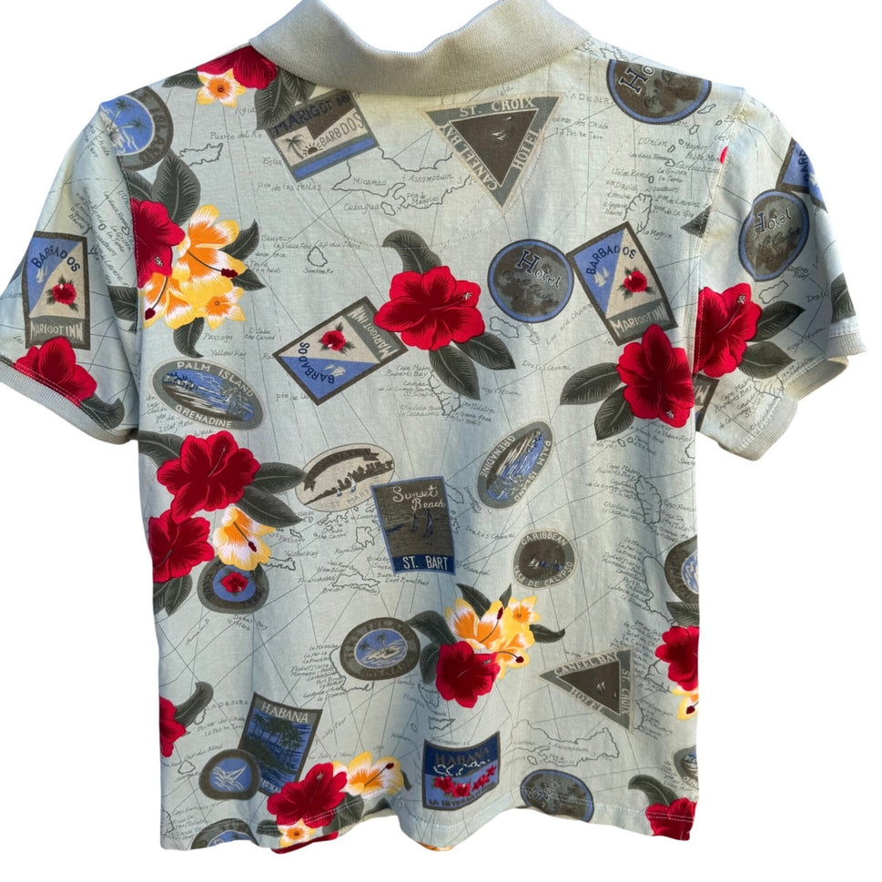 Caribbean Joe Womens Tropical Map Floral Polo Shirt Sage Green Short Sleeve M