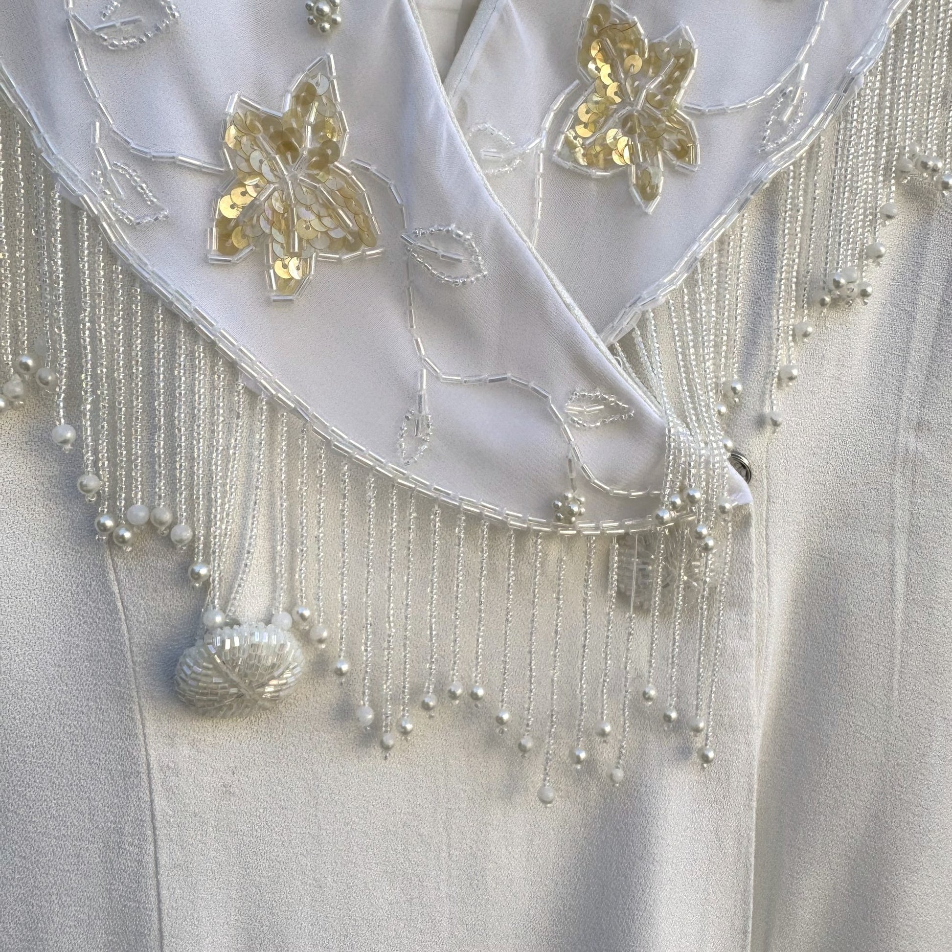 CDC Evening Vintage White Dress Floral Beaded Fringe Long Sleeve Elegant RetroM