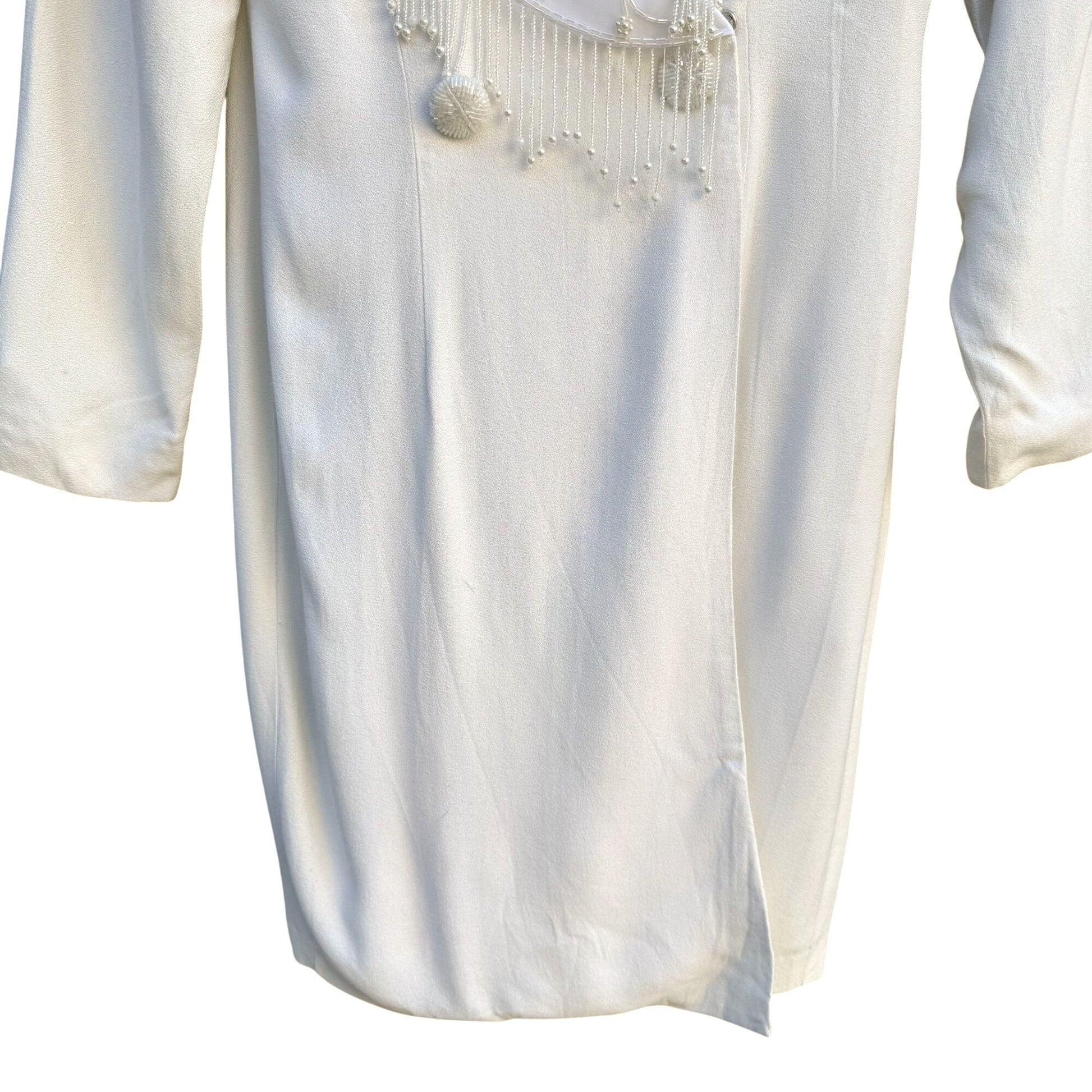 CDC Evening Vintage White Dress Floral Beaded Fringe Long Sleeve Elegant RetroM