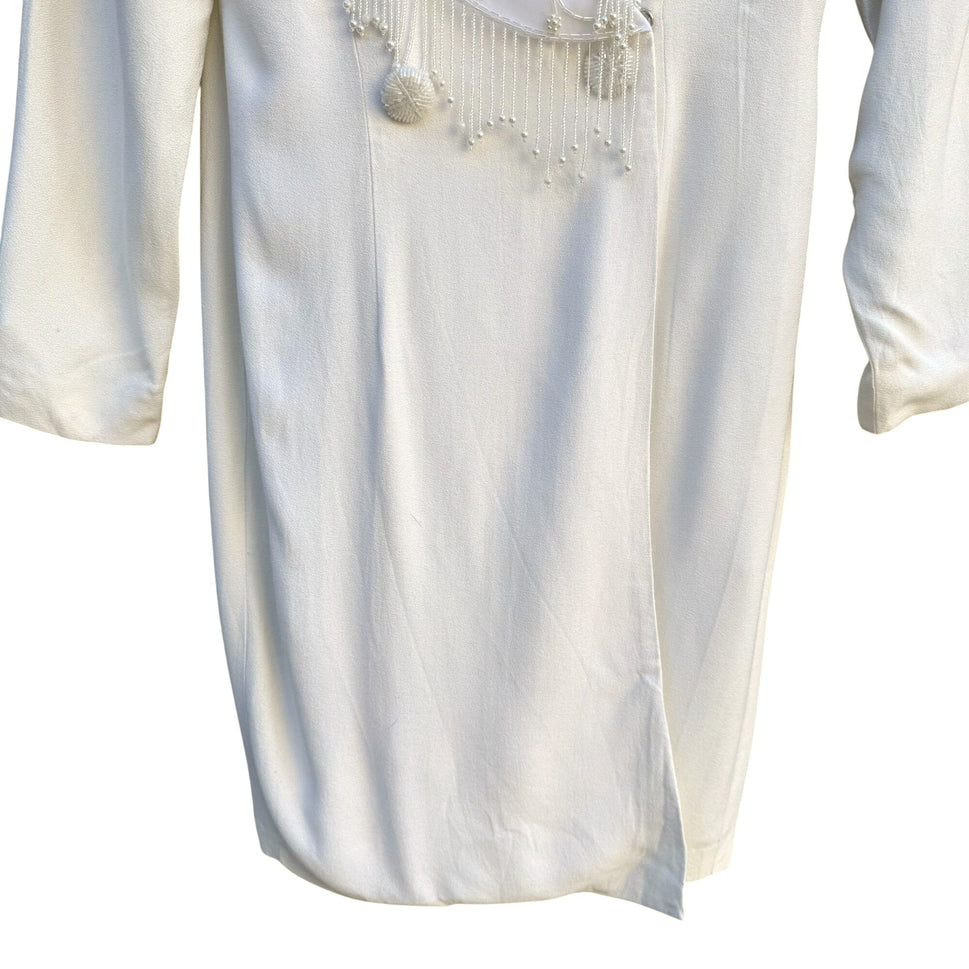 CDC Evening Vintage White Dress Floral Beaded Fringe Long Sleeve Elegant RetroM