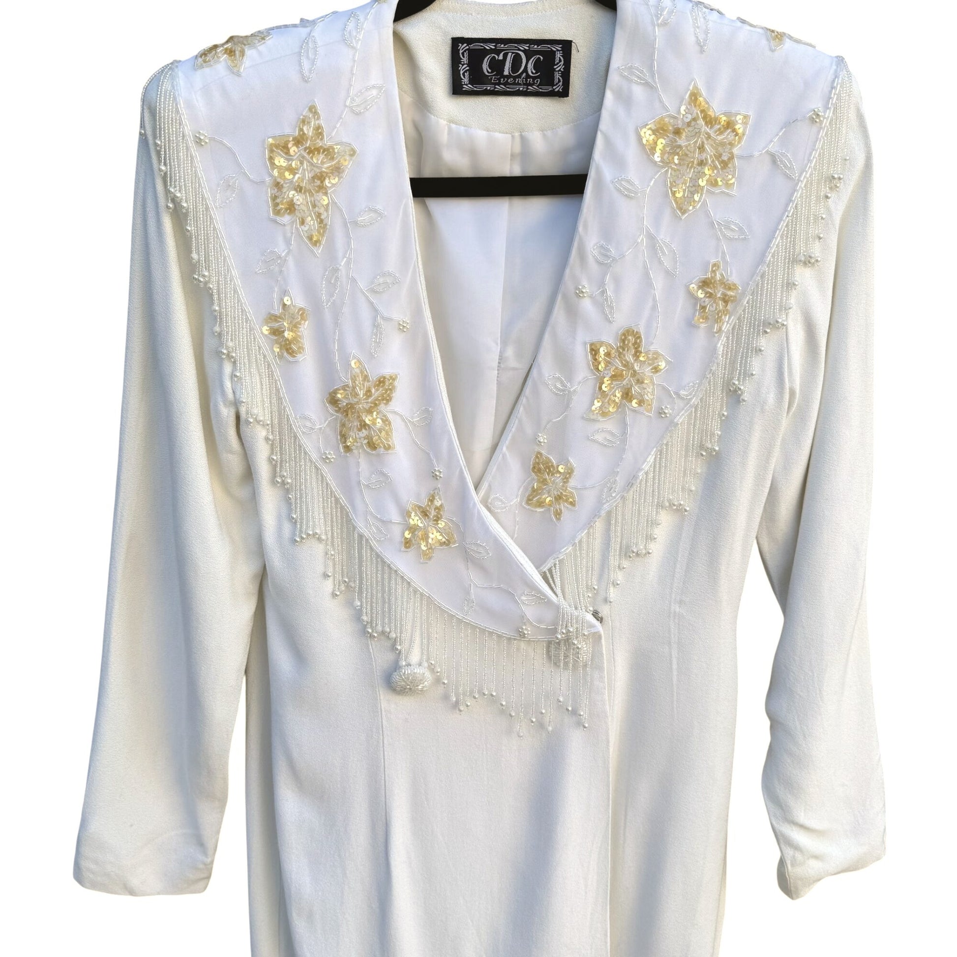 CDC Evening Vintage White Dress Floral Beaded Fringe Long Sleeve Elegant RetroM