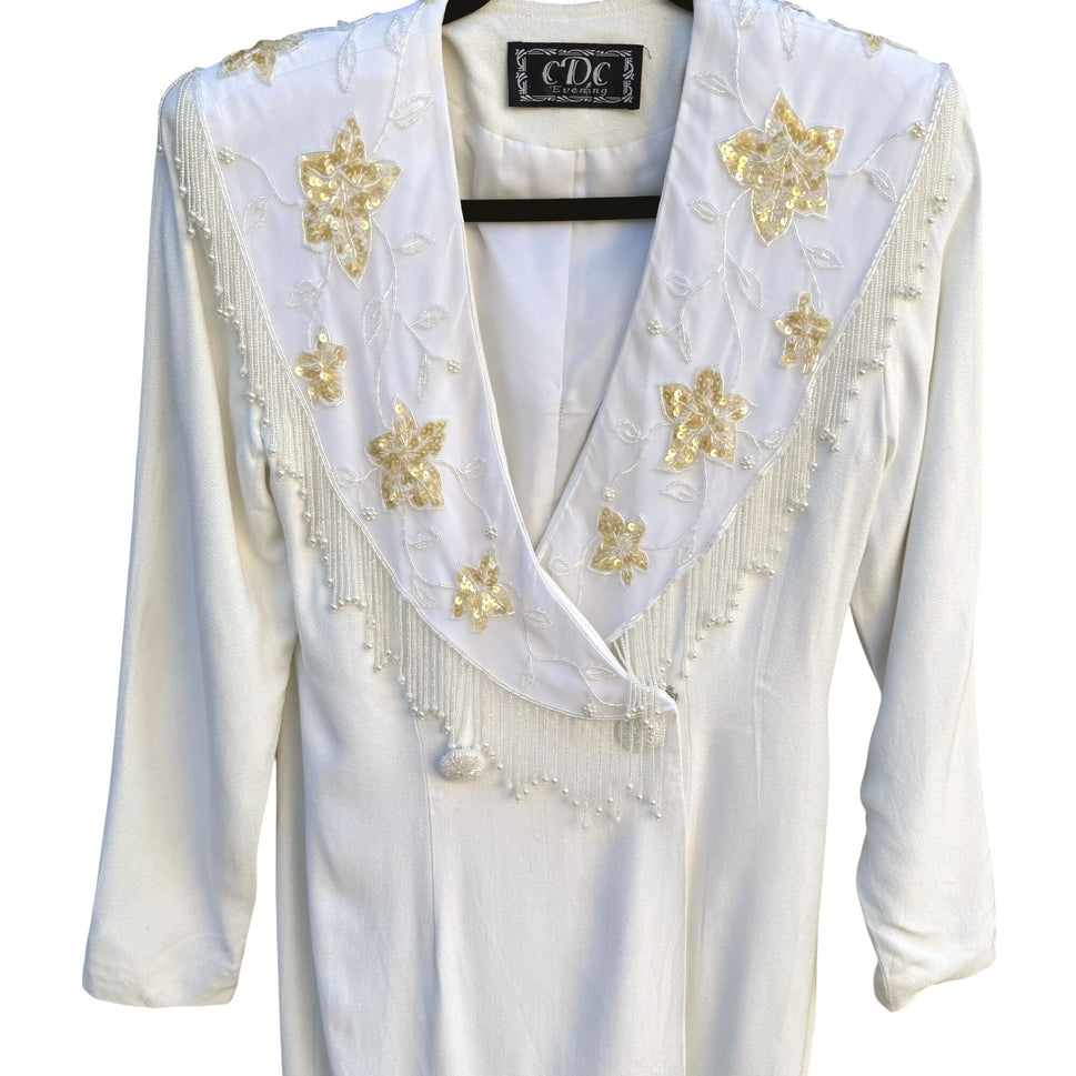 CDC Evening Vintage White Dress Floral Beaded Fringe Long Sleeve Elegant RetroM
