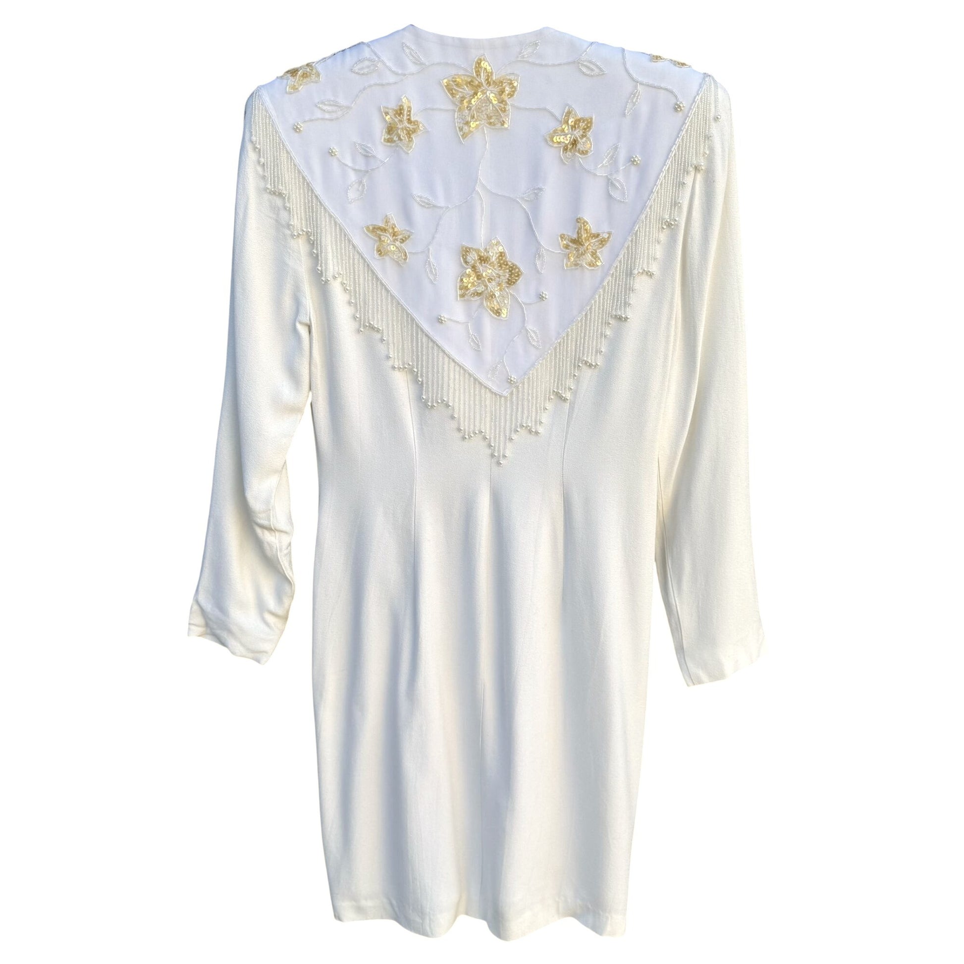 CDC Evening Vintage White Dress Floral Beaded Fringe Long Sleeve Elegant RetroM