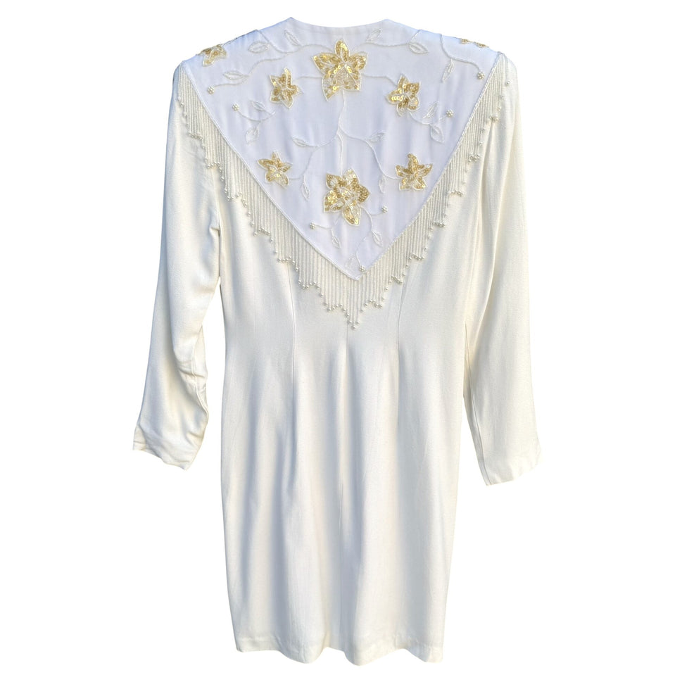 CDC Evening Vintage White Dress Floral Beaded Fringe Long Sleeve Elegant RetroM
