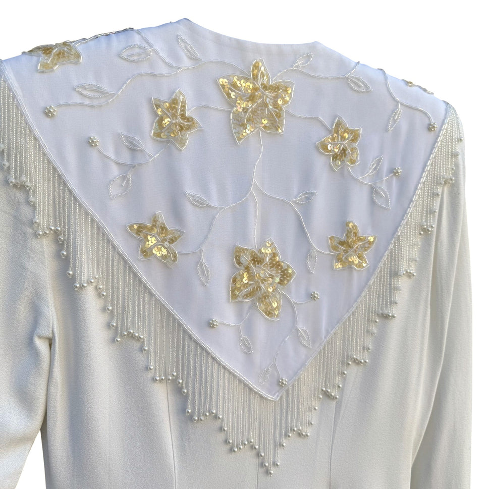 CDC Evening Vintage White Dress Floral Beaded Fringe Long Sleeve Elegant RetroM