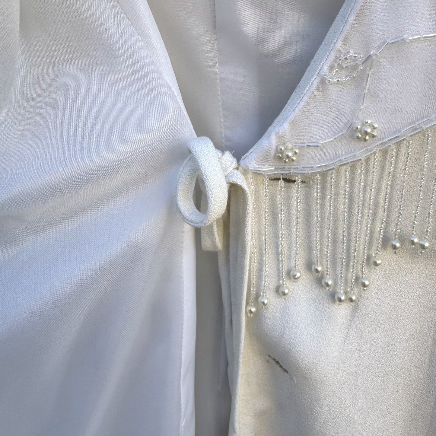 CDC Evening Vintage White Dress Floral Beaded Fringe Long Sleeve Elegant RetroM