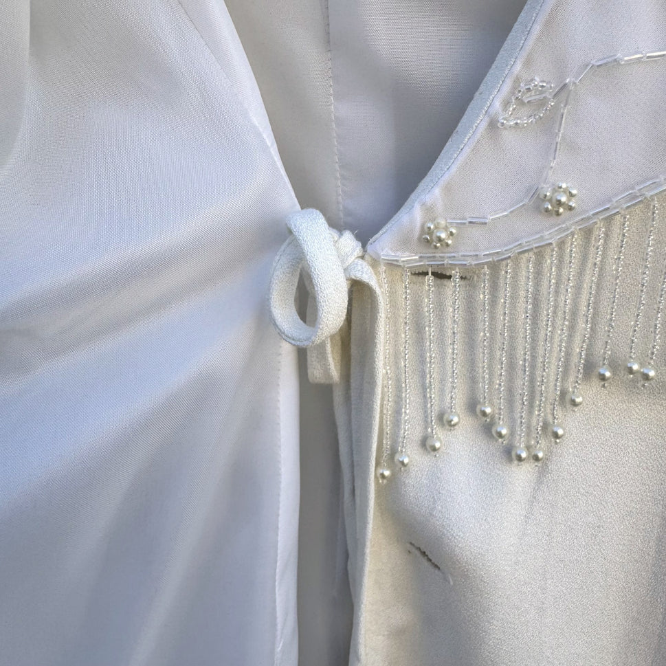 CDC Evening Vintage White Dress Floral Beaded Fringe Long Sleeve Elegant RetroM