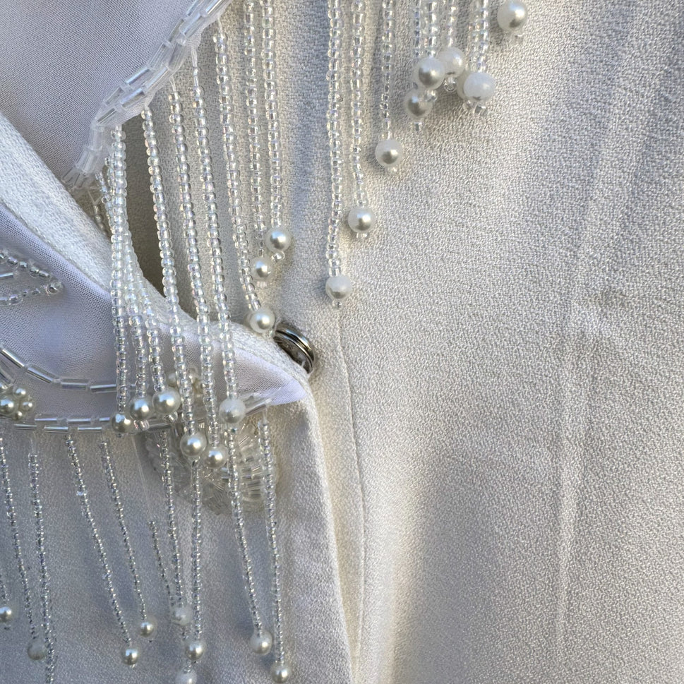 CDC Evening Vintage White Dress Floral Beaded Fringe Long Sleeve Elegant RetroM