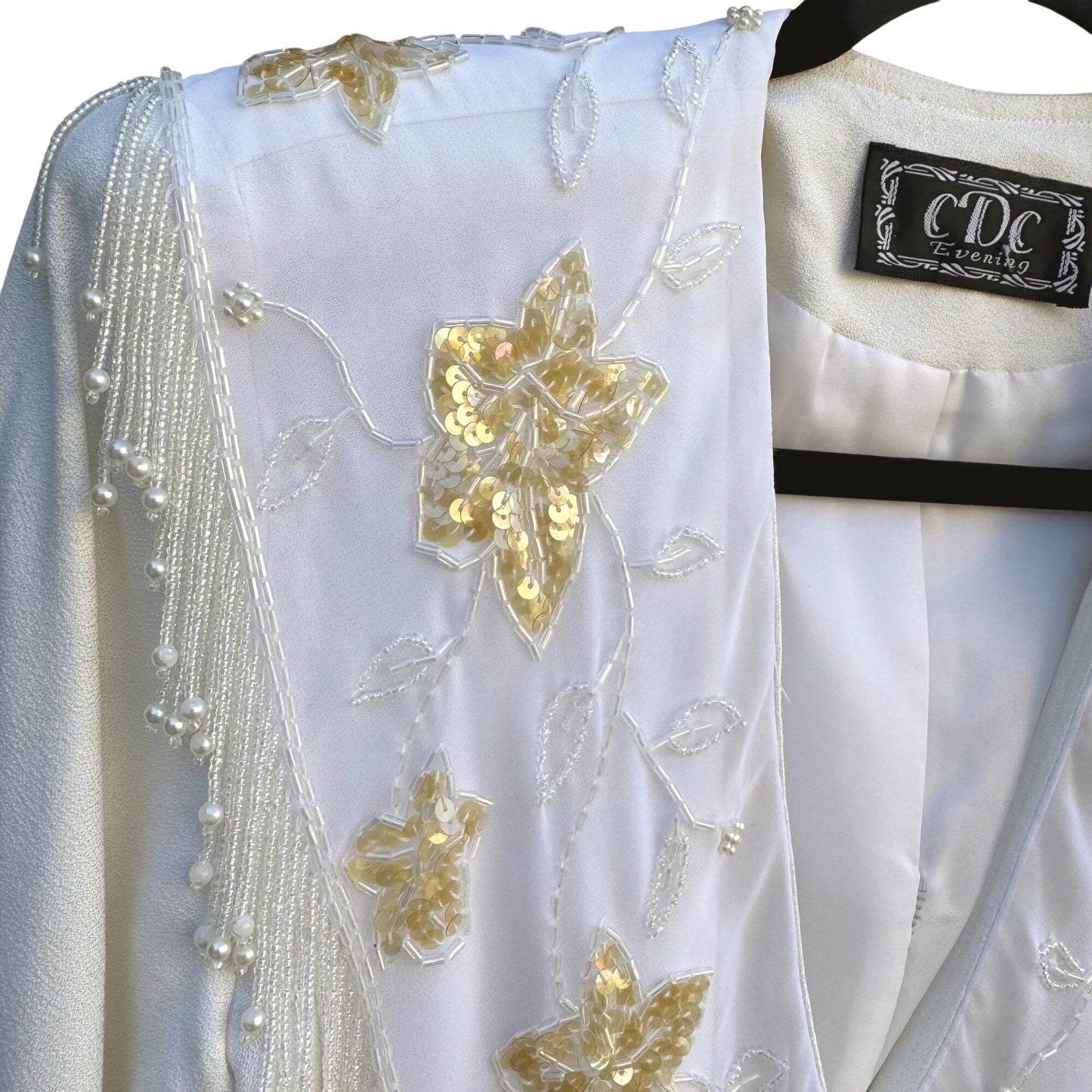 CDC Evening Vintage White Dress Floral Beaded Fringe Long Sleeve Elegant RetroM