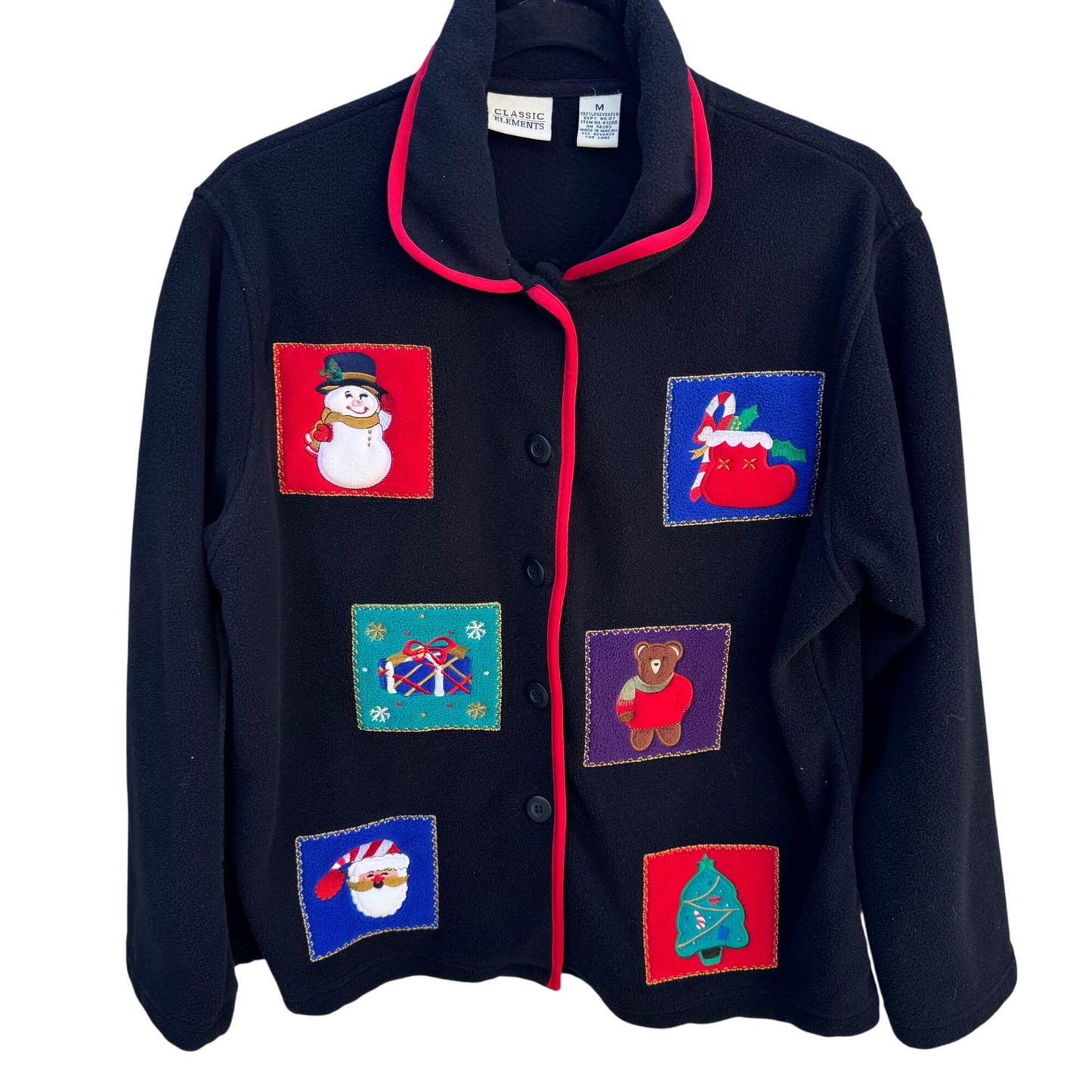 Classic Elements Holiday Fleece Festive Appliques Red Trim Embroidered Jacket M