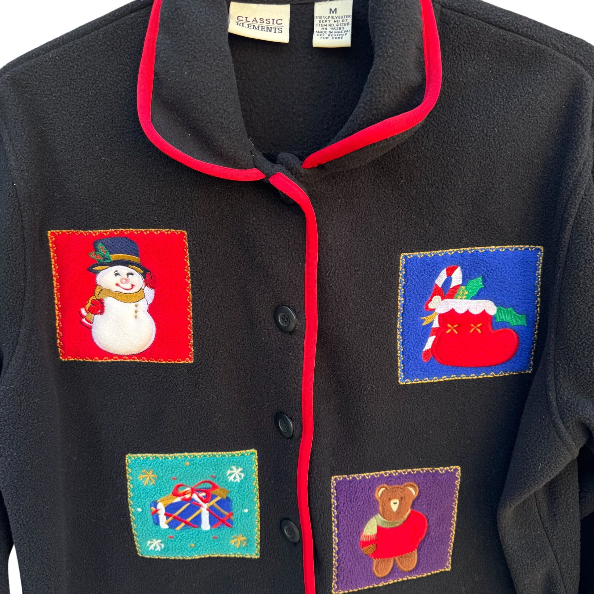 Classic Elements Holiday Fleece Festive Appliques Red Trim Embroidered Jacket M