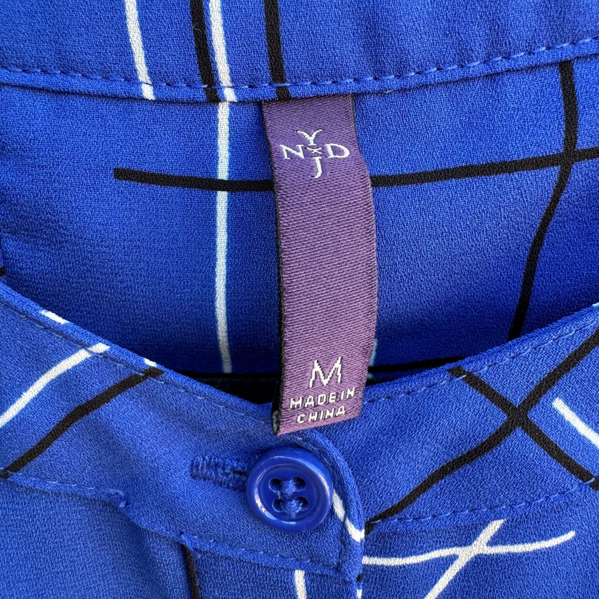 NYDJ Womens Blue Geometric Print Long Sleeve Pleated Back Preppy Tunic Blouse M