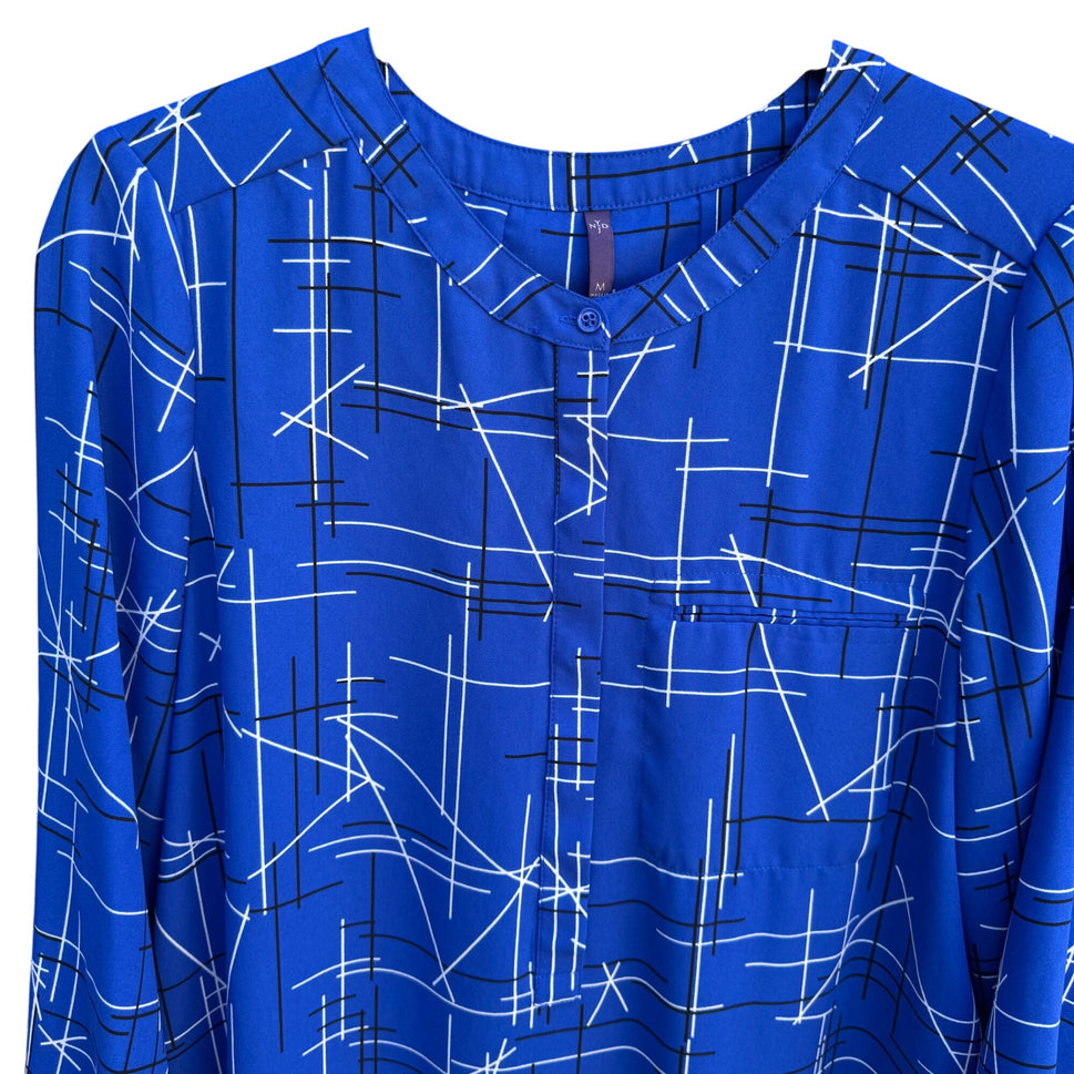 NYDJ Womens Blue Geometric Print Long Sleeve Pleated Back Preppy Tunic Blouse M
