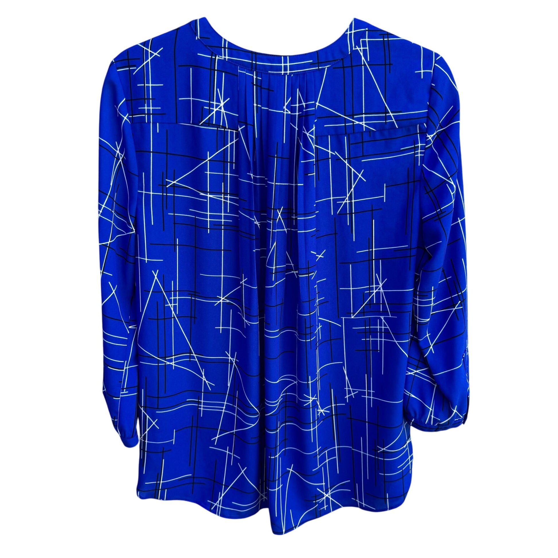 NYDJ Womens Blue Geometric Print Long Sleeve Pleated Back Preppy Tunic Blouse M