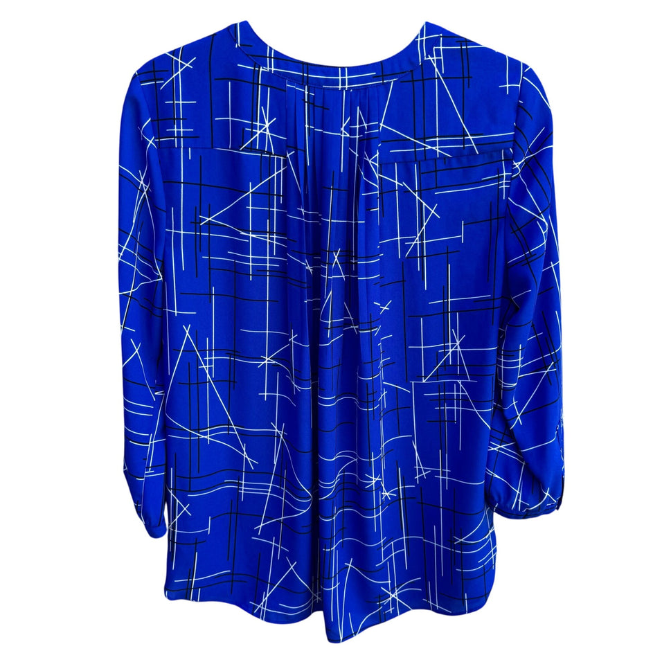 NYDJ Womens Blue Geometric Print Long Sleeve Pleated Back Preppy Tunic Blouse M