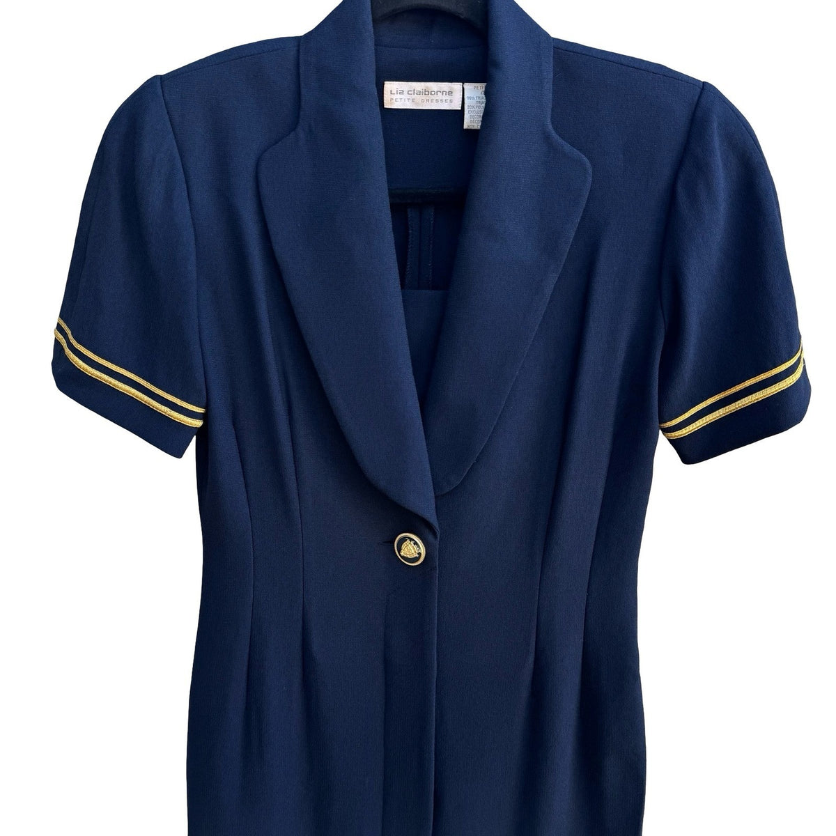 Liz Claiborne Vintage 90s Nautical Preppy Tailored Gold Trim Blazer Dress Navy 4