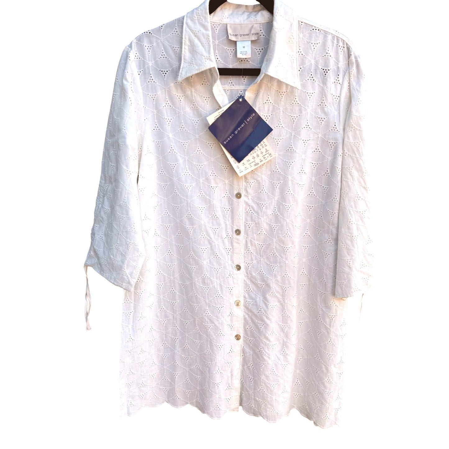 Susan Graver Style Womens White 3/4 Ruched Sleeve Button-Up Eyelet Shirt - New M