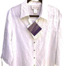 Switch Susan Graver Style Womens White 3/4 Ruched Sleeve Button-Up Eyelet Shirt - New M 2 image