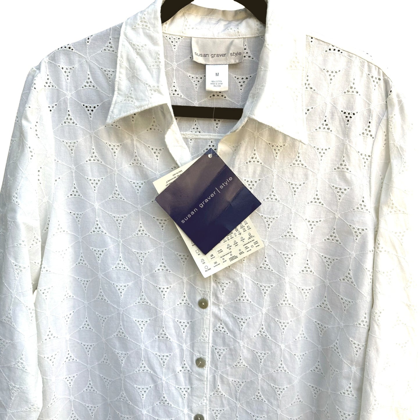 Susan Graver Style Womens White 3/4 Ruched Sleeve Button-Up Eyelet Shirt - New M