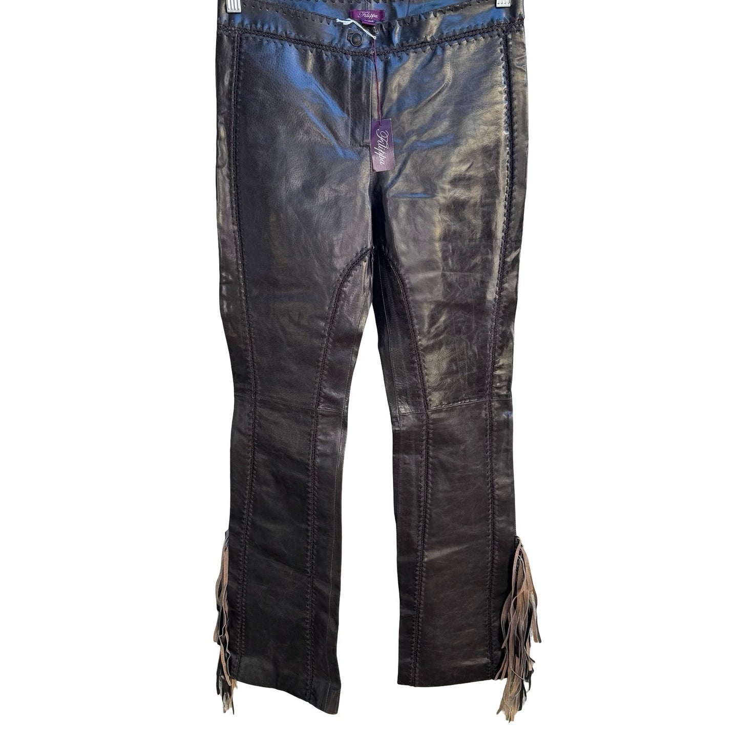 Filippa Y2K Leather Western Boho Cowgirl Moto Biker Whipstitch Fringe Pant 2 NEW