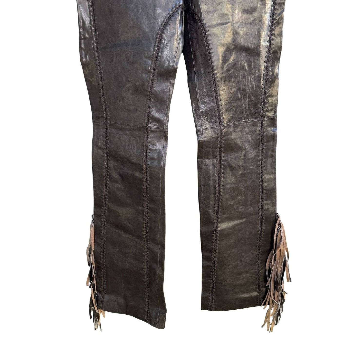 Filippa Y2K Leather Western Boho Cowgirl Moto Biker Whipstitch Fringe Pant 2 NEW