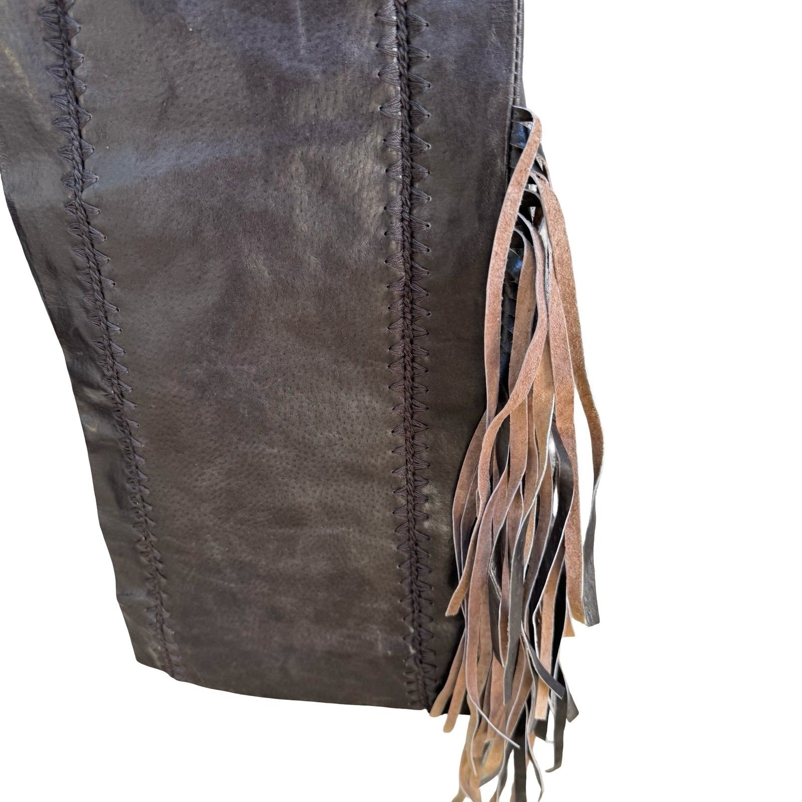 Filippa Y2K Leather Western Boho Cowgirl Moto Biker Whipstitch Fringe Pant 2 NEW