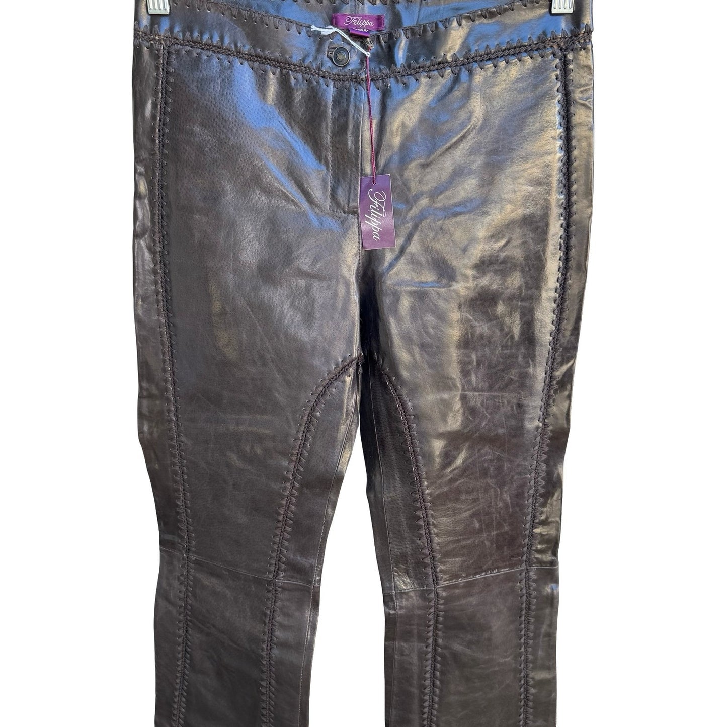 Filippa Y2K Leather Western Boho Cowgirl Moto Biker Whipstitch Fringe Pant 2 NEW