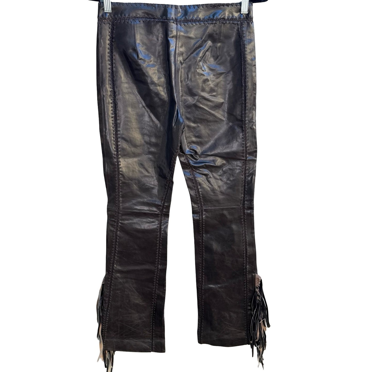 Filippa Y2K Leather Western Boho Cowgirl Moto Biker Whipstitch Fringe Pant 2 NEW
