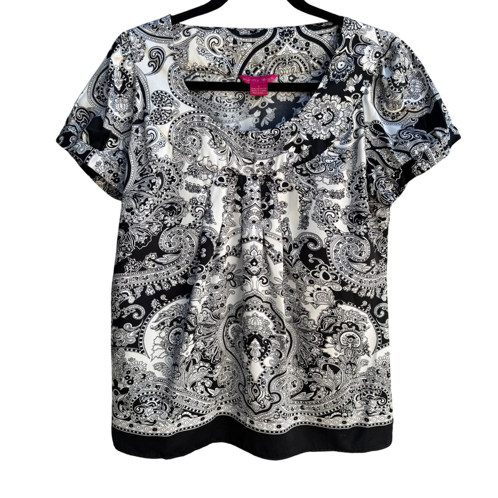 Sunny Leigh Womens Pleated Scoop Neck Paisley Print Cap Sleeve Tunic Blouse S
