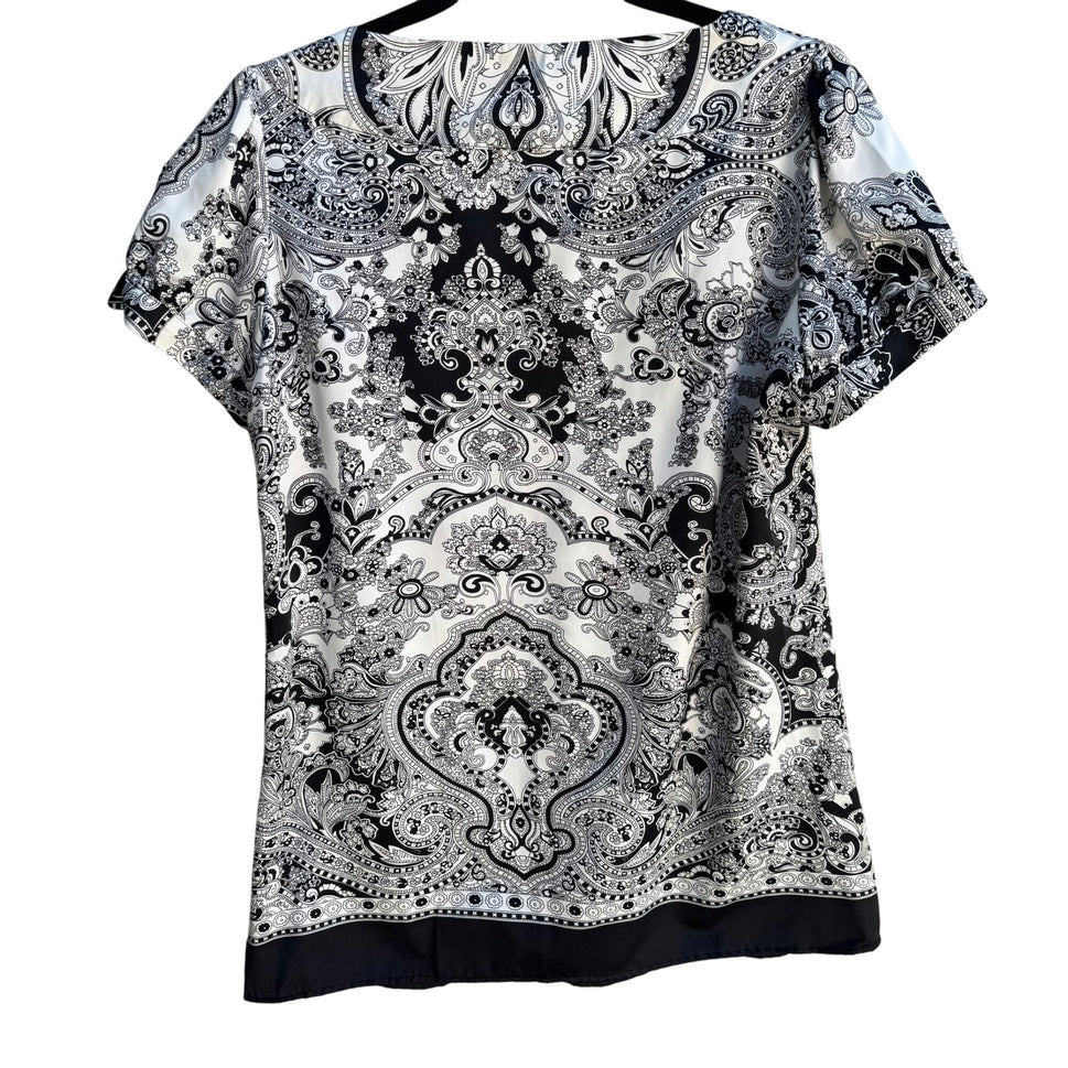 Sunny Leigh Womens Pleated Scoop Neck Paisley Print Cap Sleeve Tunic Blouse S