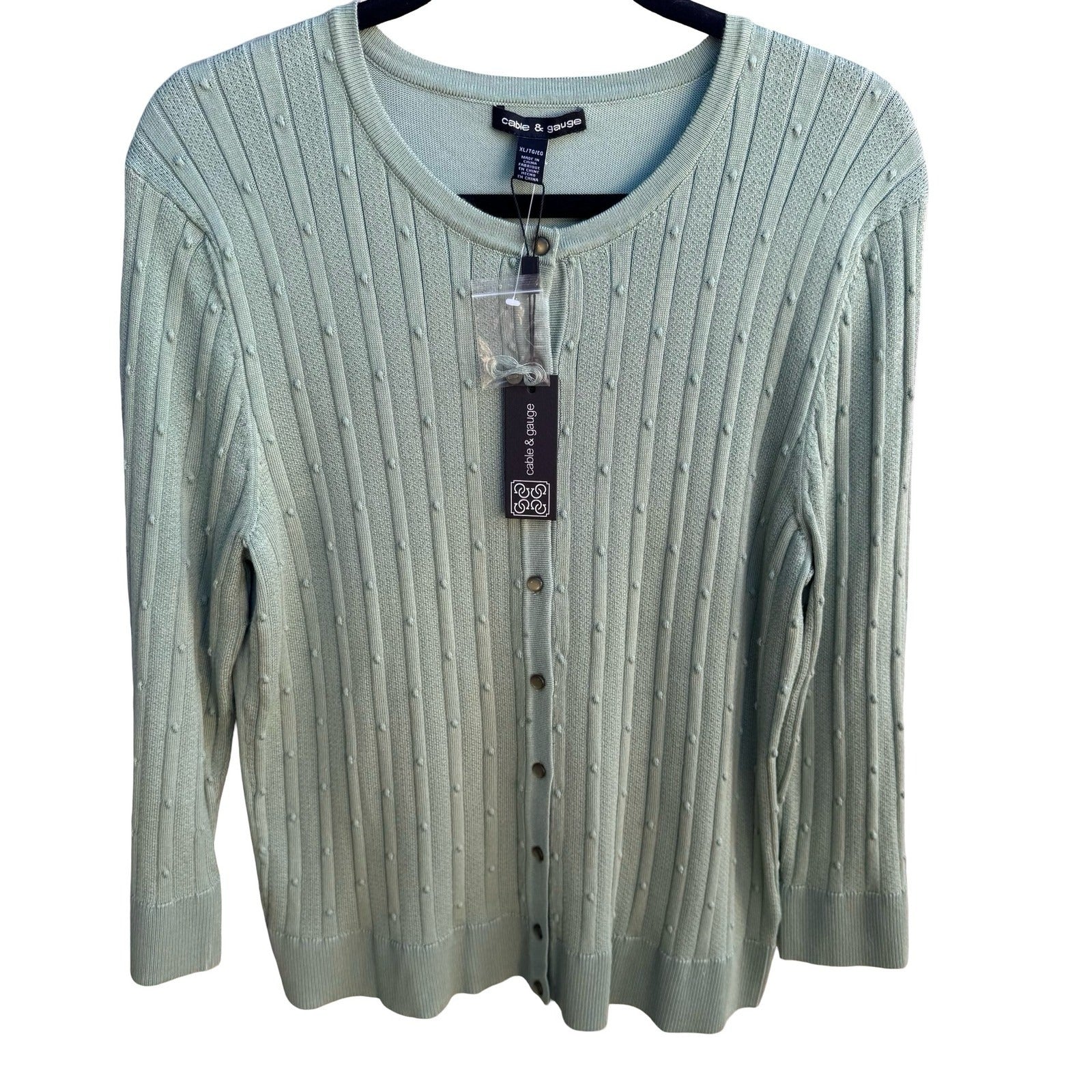 Cable & Gauge Minimalist Pastel Green Pointelle Popcorn Knit Cardigan XL NEW