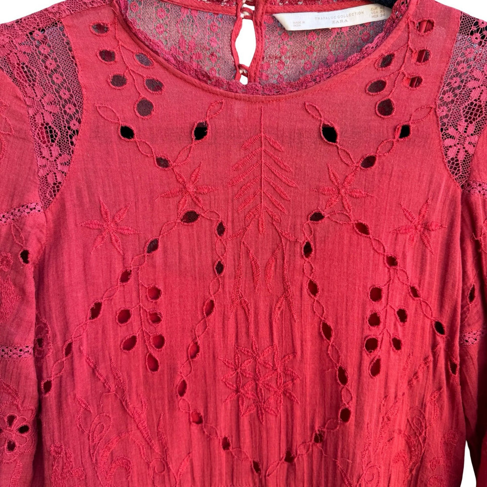 Zara Boho Cottagecore Romantic Eyelet Peasant Ethereal Gauze Lace Midi Dress XS