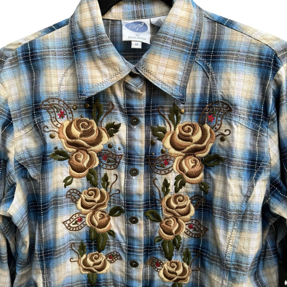 Diane Gilman Western Cowgirl Boho Floral Embroidered Plaid Shirt Blue Womens M