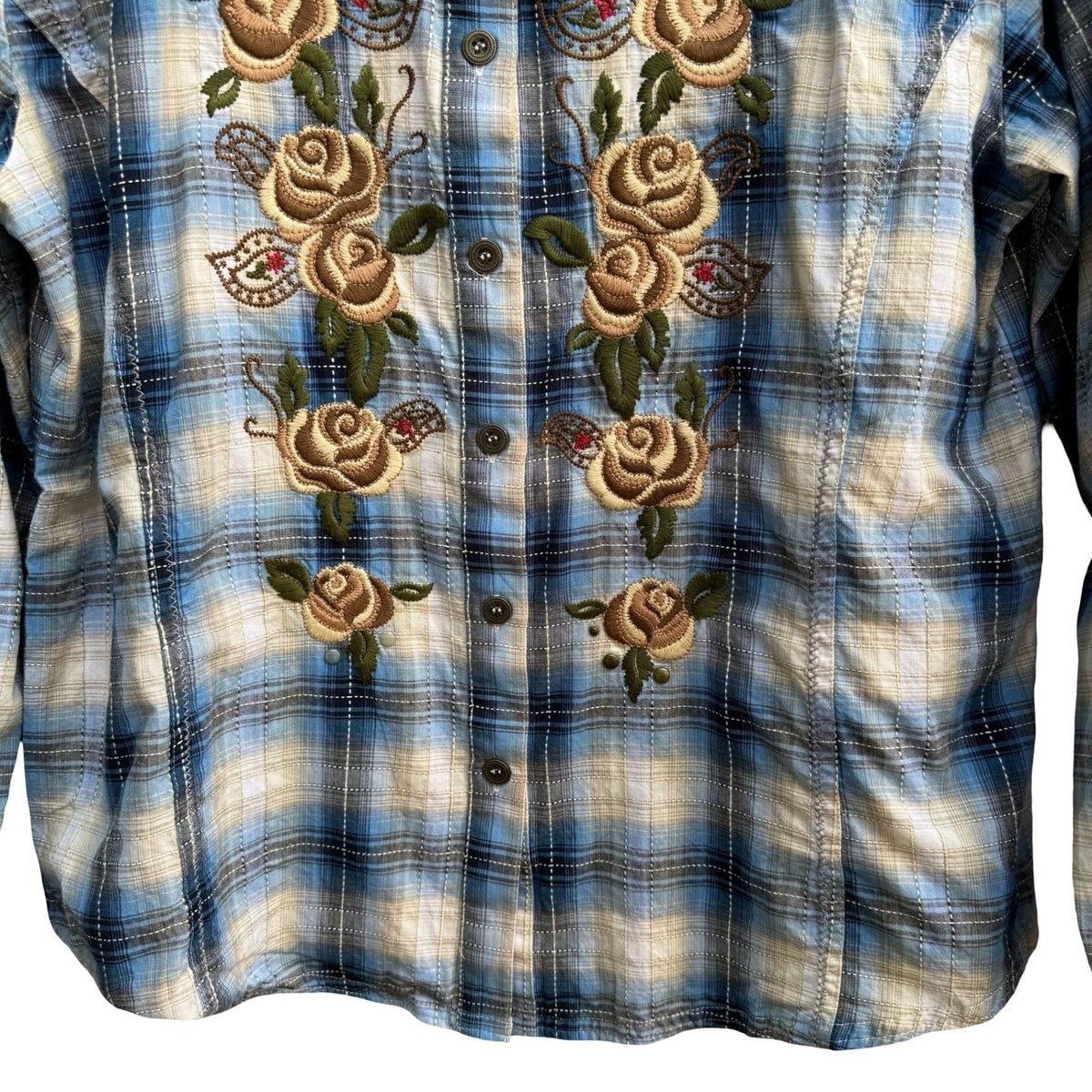 Diane Gilman Western Cowgirl Boho Floral Embroidered Plaid Shirt Blue Womens M