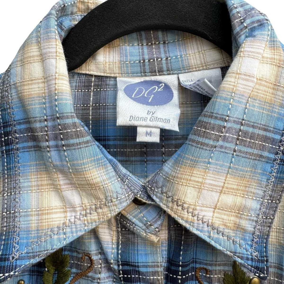 Diane Gilman Western Cowgirl Boho Floral Embroidered Plaid Shirt Blue Womens M