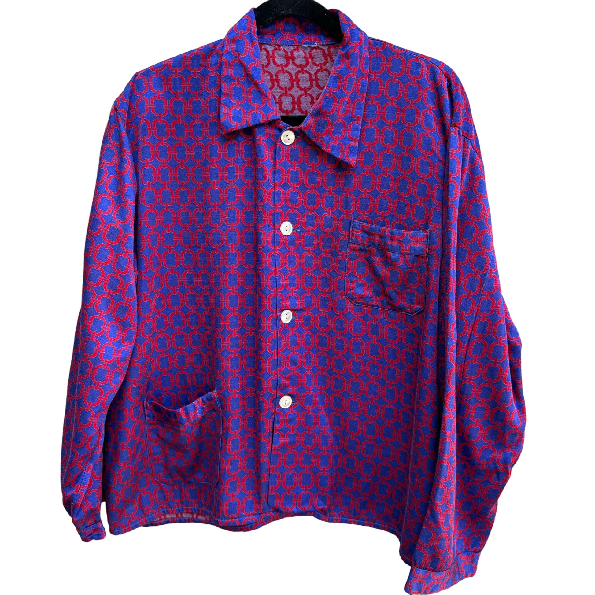 Vintage Blue & Red Geometric Pattern Long Sleeve Button-Up Shirt With Pockets