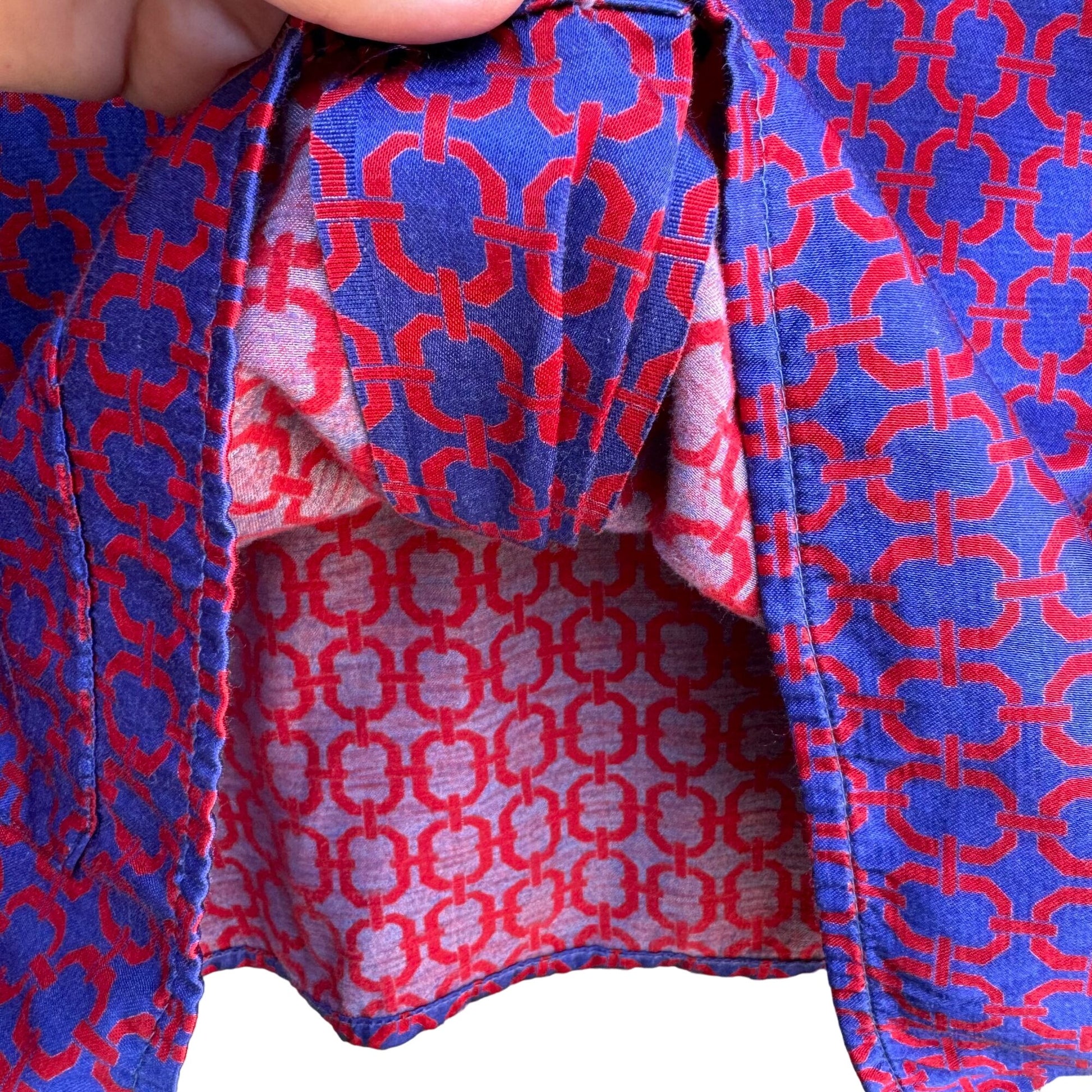 Vintage Blue & Red Geometric Pattern Long Sleeve Button-Up Shirt With Pockets