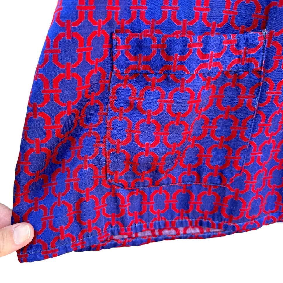 Vintage Blue & Red Geometric Pattern Long Sleeve Button-Up Shirt With Pockets