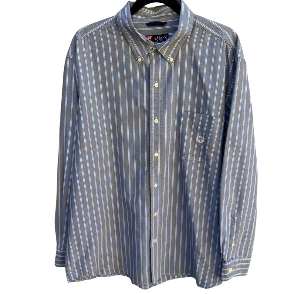 Chaps Ralph Lauren Mens Long Sleeve Button-Up Gray Blue White Striped Shirt XL