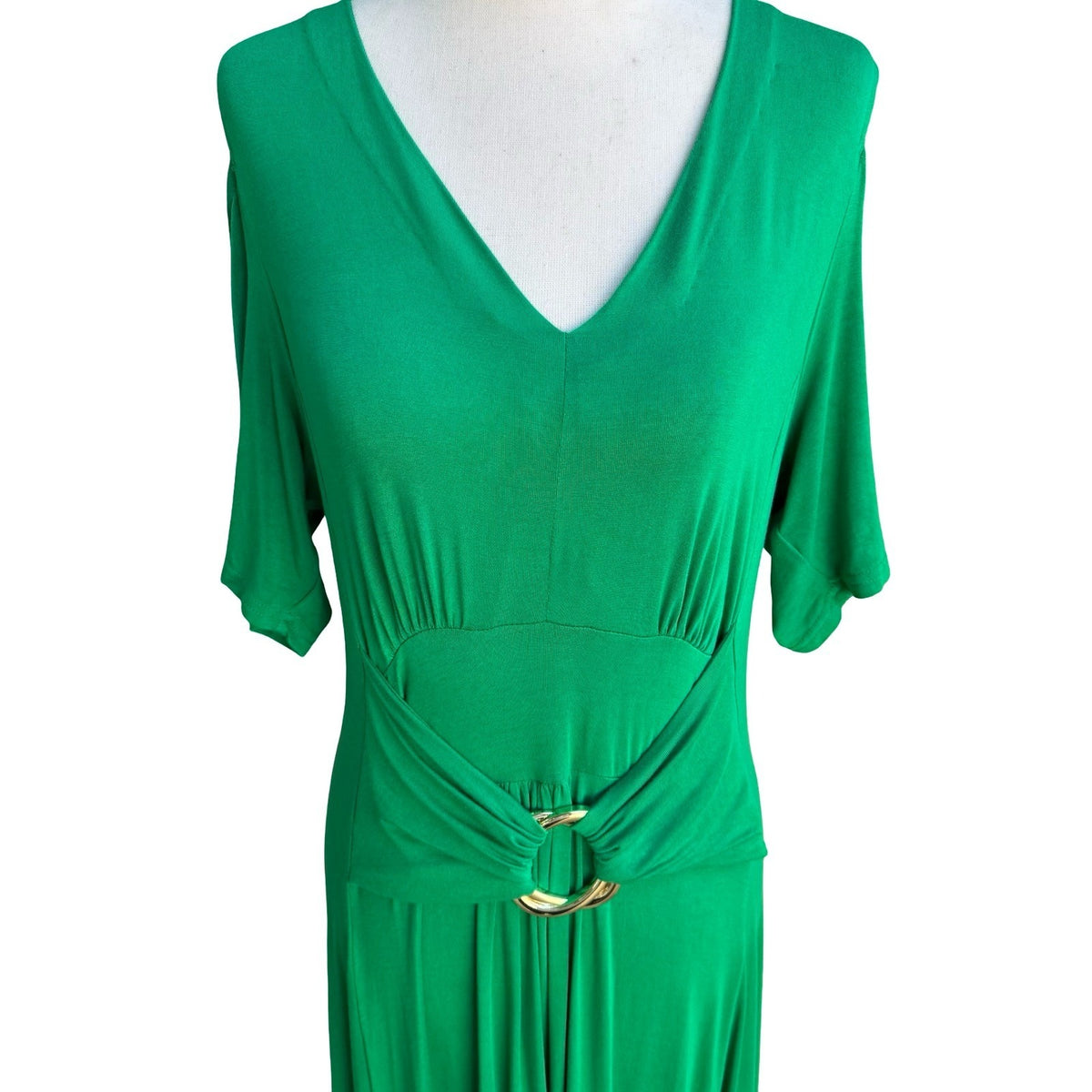 Liz Lange Grecian Resortwear Cold Shoulder Draped Ring Waist Maxi Dress Green L