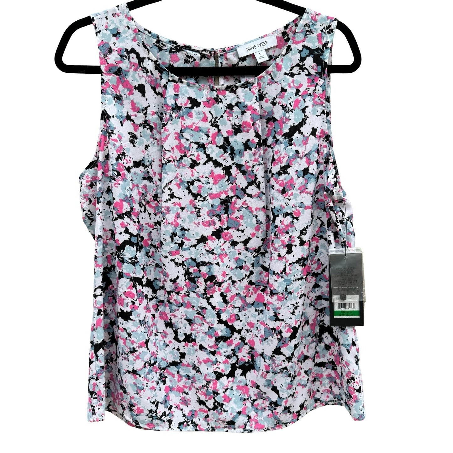 Nine West Blue Meadow Multi Floral Sleeveless Pleated Blouse Magnolia Springs L