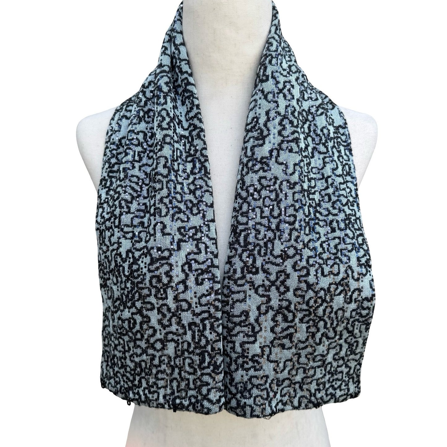 Light Blue Black Abstract Knit Sequin Metallic Textured Scarf Wrap Glam Sparkly