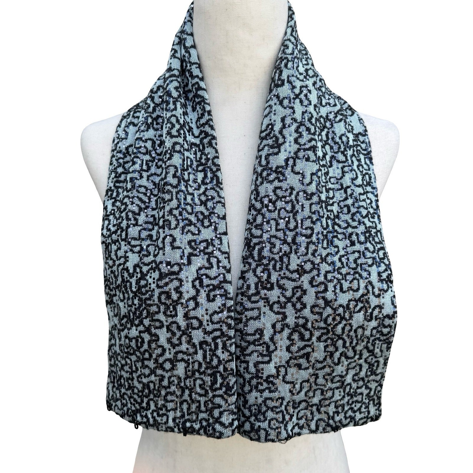Light Blue Black Abstract Knit Sequin Metallic Textured Scarf Wrap Glam Sparkly