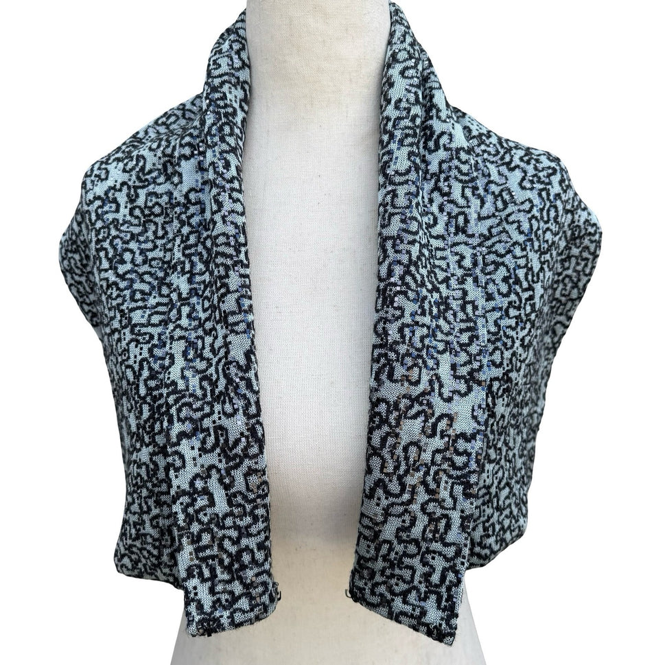 Light Blue Black Abstract Knit Sequin Metallic Textured Scarf Wrap Glam Sparkly