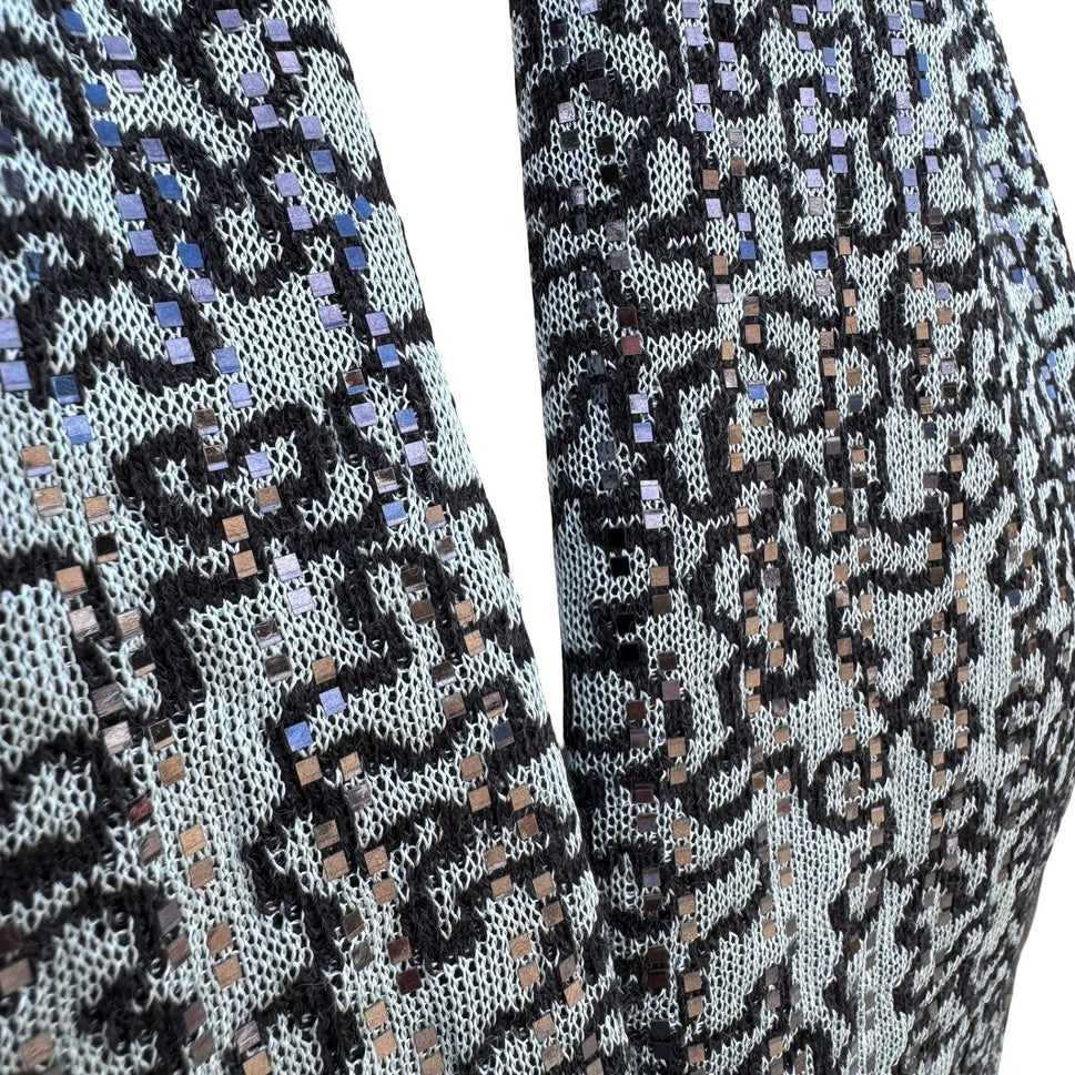 Light Blue Black Abstract Knit Sequin Metallic Textured Scarf Wrap Glam Sparkly