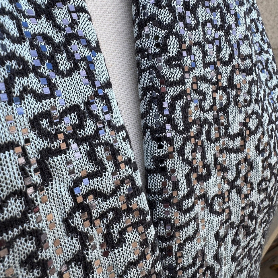 Light Blue Black Abstract Knit Sequin Metallic Textured Scarf Wrap Glam Sparkly