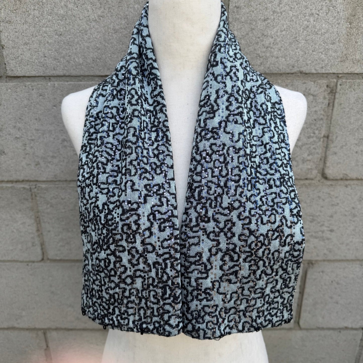 Light Blue Black Abstract Knit Sequin Metallic Textured Scarf Wrap Glam Sparkly